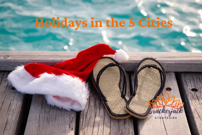 The photo of a Santa's Cap along with a pair of sandals on a beach front dock represents the local holiday beach vibe activities in the 5 Cities area.